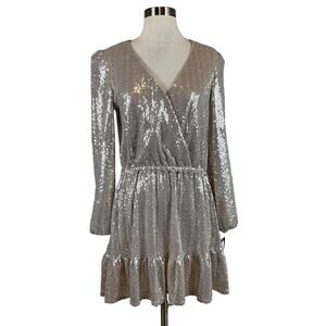 Betsy & Adam Sequin Fit and Flare Long Sleeve Mini Cocktail Dress Silver Size 8